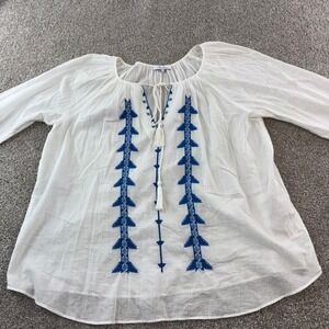 Parker NY Woman's M White Blue Embroidered Tassel Tie Neck Cotton Tunic Top Boho